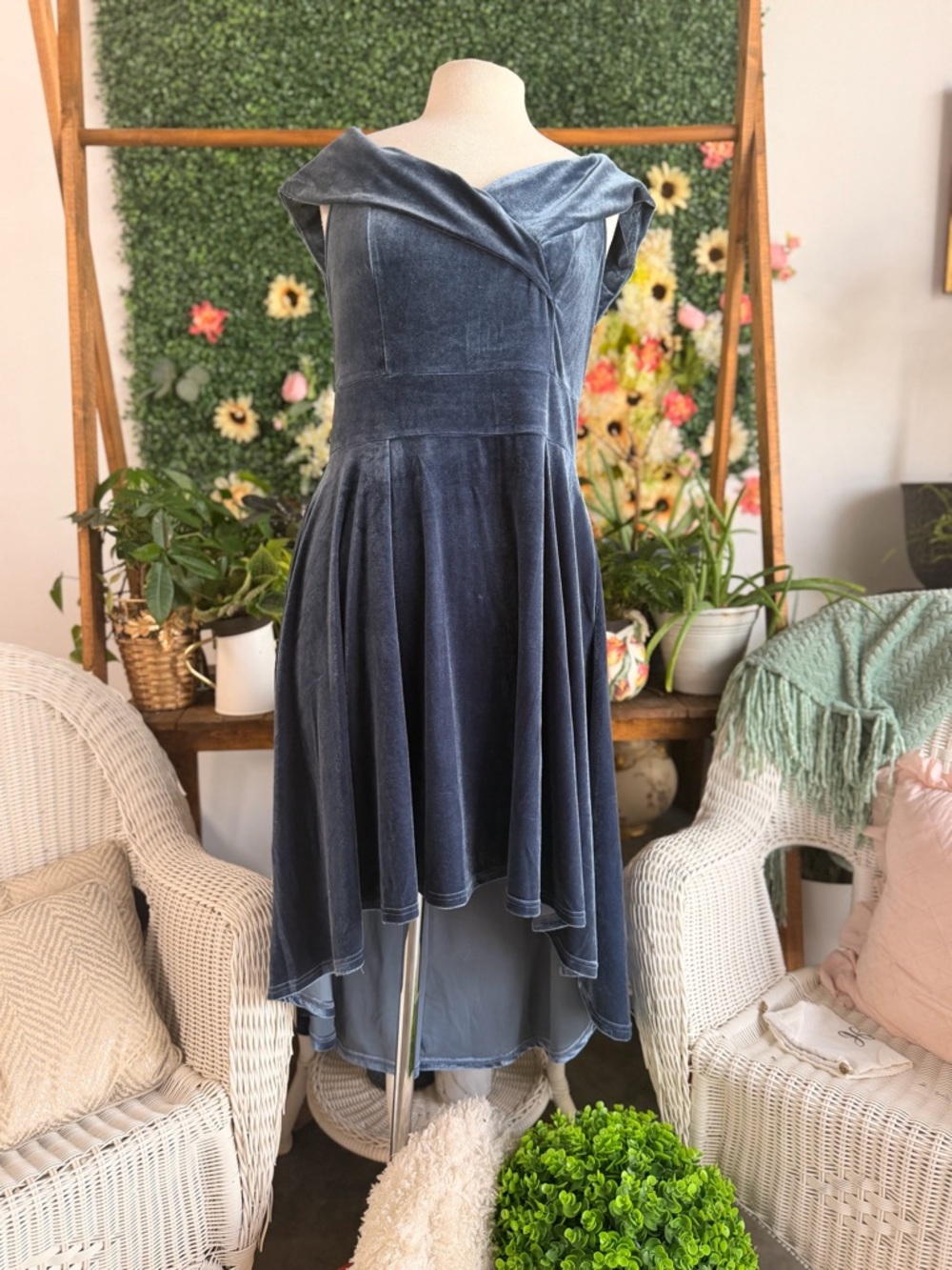 Slate Blue Velvet High-Low Dress with Draped Neckline